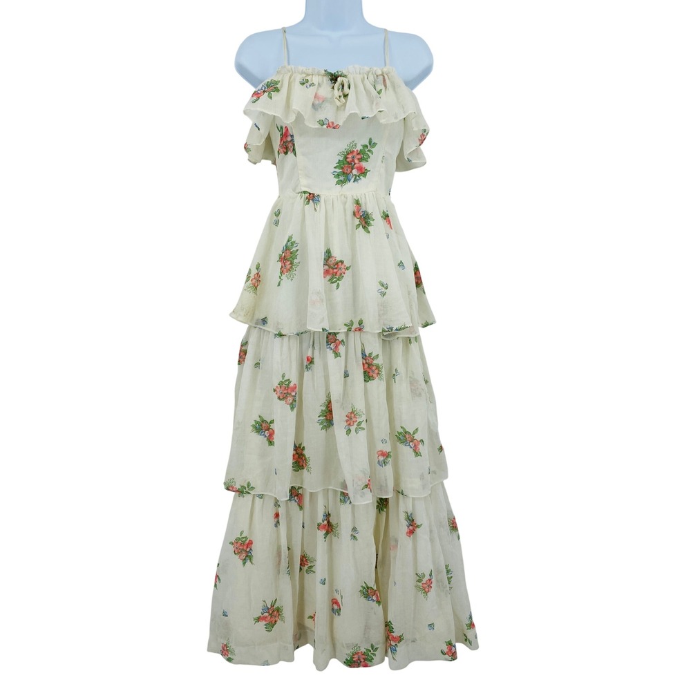 Vintage Roberta California Dress Cream Floral Ruffle Tiered Maxi Vintage